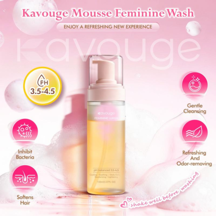 Kavouge Mousse Feminine Wash Foaming Sunflower Seed Oil Meadowfoam Seed Oil Gentle Cleaning Refreshing Odor-Removing Inhibit Bacteria pH 3.5-4.5 Feminine Care