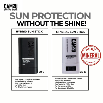 Camou Men's Mattifying Sun Stick SPF 50 PA ++++ 20g Oil Control Vitamin C Aloe Vera Sunscreen Stick No White Cast Sweat Resistant Lightweight Non Greasy Uv Comfort Skin Repair