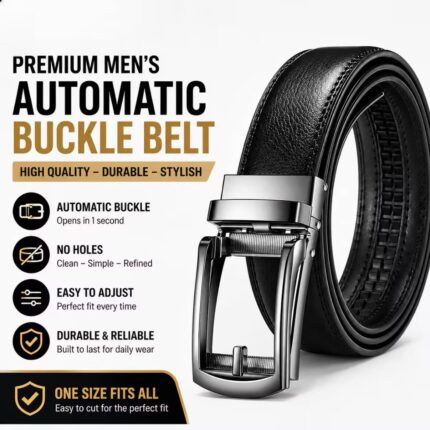 Men’s Genuine Leather Automatic Buckle Belt, 3.2cm Durable Adjustable Belt for Office, Business & Daily Wear, 110-130cm
