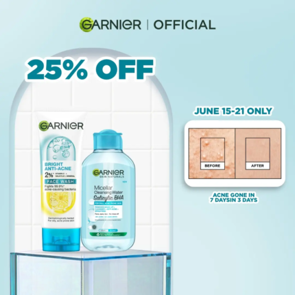 Garnier Double Cleansing Duo: Cleanser (100ml) + Micellar Water (125ml) - Vitamin C for Brightening, Salicylic Acid for Anti Acne