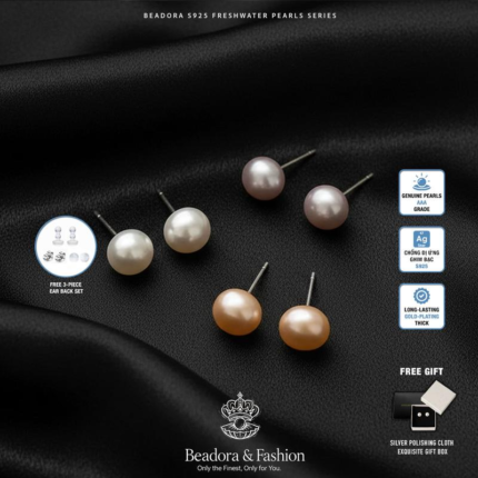 Beadora Pure Radiance | 5–10mm Button Very High Luster Freshwater Pearl Earrings Solid S925 Silver Anti-Allergy Minimalist Elegant Jewelry for Women FREE Box