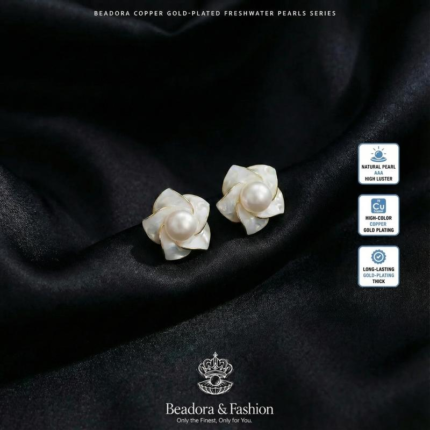 Beadora Opaline Camellia | 6.5mm Button Freshwater Pearl Very High Luster Crushed-Ice Enamel Studs | French Vintage