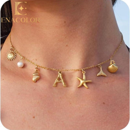 Enacolor Elegant Initial Charm Necklace for Women Shell Letter Necklaces Charms Pendant Boho Summer Seashell Beach Starfish Surfer Letter Necklace Initial Pendant