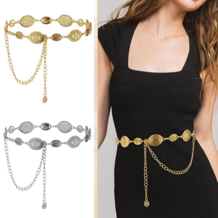 A metal sized shield waist chain for women's dresses, dresses, pants, waist belts, hip-hop street rock waist chains trendy bell