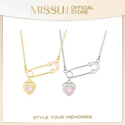 Missu Safety Pin Love Pendant Necklace Pink/White Cubic Zircon Stainless Steel Fashion Accessories For Women