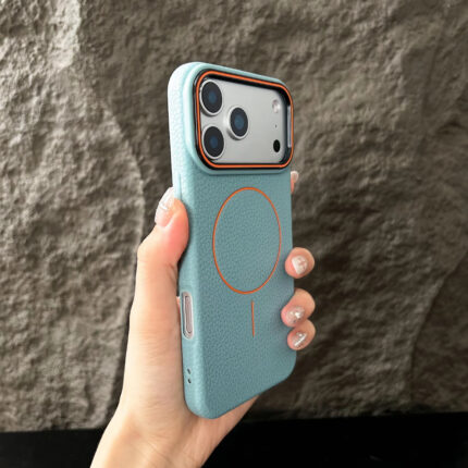 Litchi Leather MagSafe iPhone Case - Orange Accent Shockproof Magnetic Cover, T4B108-01