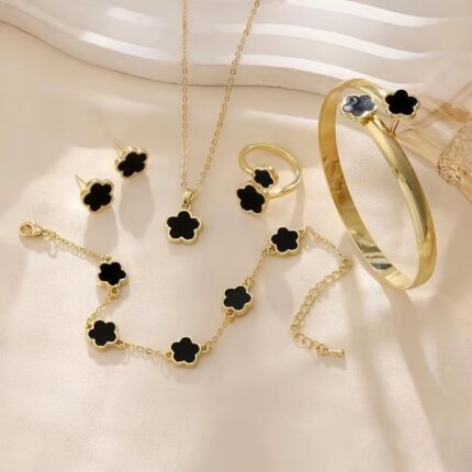 Hot Selling Lucky 5 leaf Clover Jewelry Suit, Acrylic Bangle Bracelet Parthenocissus Grass Necklace Ring Stud Earrings for Women
