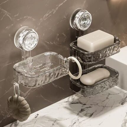 Bathroom Soap Box Storage Rack Wall Mounted Suction Cup Design No Punching Hooks