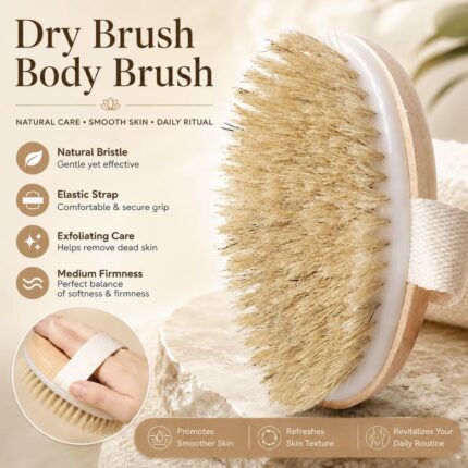 Dry Brush Body Brush | Natural Bristle Exfoliating Shower Scrubber with Elastic Strap | Medium Firmness Skin Brush for Women & Men