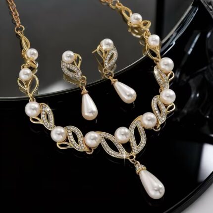 Elegant Gold-Plated Pearl Necklace & Earrings Set | Bridal Wedding Jewelry