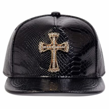 Full Diamond Cross Skull Baseball Cap Crocodile Pattern PU Leather Baseball Cap Hip Hop Flat Brim Hat