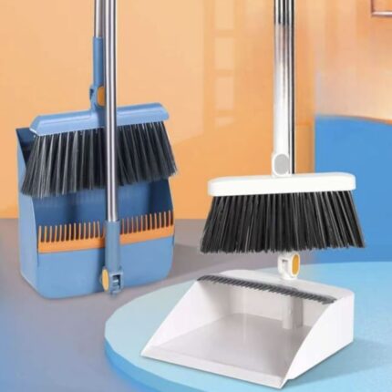 Long Handle Broom and Dustpan Set Heavy Duty Upright Cleaning Combo for Home, Indoor & Outdoor Sweeping with Stand-Up Dust Pan