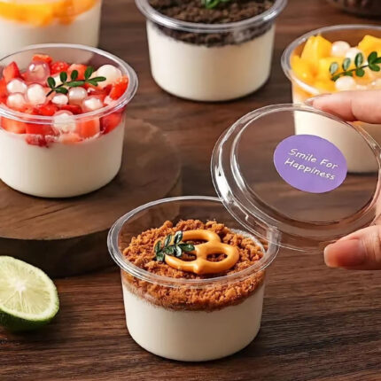 50Pcs Dessert Cup With Lid Transparent Plastic Cups For Dessert Fruit Ice Cream Pudding Mousse Cake Box Baking Disposable Cup