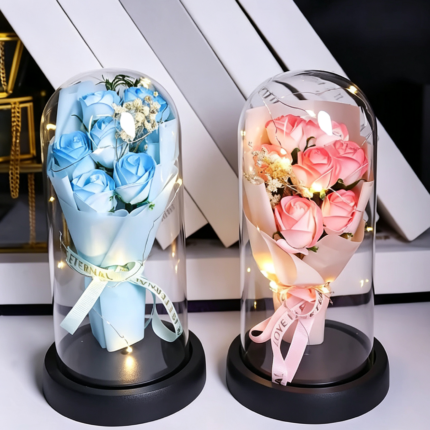 Preserved flower artificial soap, rose bouquet, glass dome gift box with handbag, perfect for Christmas and Valentine's Day. Also a great birthday and New Year's gift for your girlfriend.