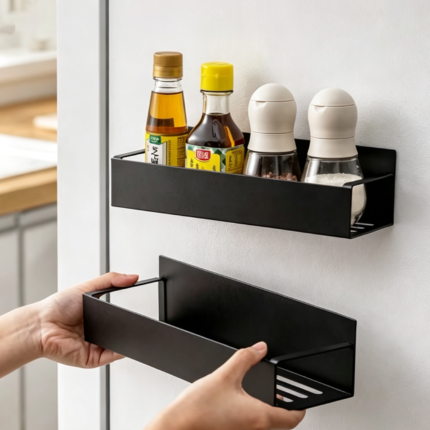 Magnetic Fridge Shelf Style-A Spice Storage Rack Refrigerator Side Shelf Black Household Space Saving No Drilling Required