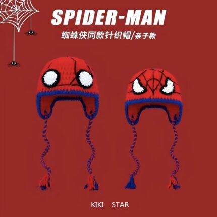 Knit hat inspired by Spider-Man featuring a fun embroidered design, warm with ear covers, perfect for parent-child matching, winter style for boys & girls