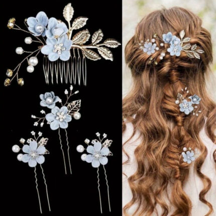 Set of 4 Luxury Elegant Pearl Flower Hair Accessories — Bridal Wedding Hair Clip Set, Hair Decoration Set, Party Night Accessory Set for Women