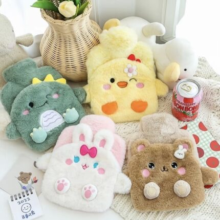 Plush Hot Water Bag with Pocket Cartoon Rabbit Bear Water-filling Hand Foot Warmers Bag Reusable