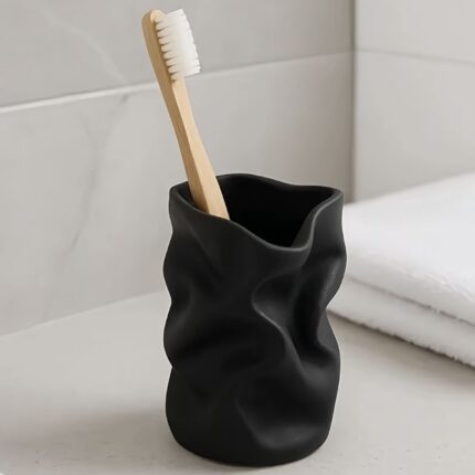 Modern Asymmetric Bathroom Organizer Toothbrush & Toothpaste Holder, Countertop or Vanity Storage, Hygienic Bathroom Decor, Easy-to-Clean Black Toothbrush Stand for Bathroom Sink, No Assembly Required, Sleek Design, Durable Plastic